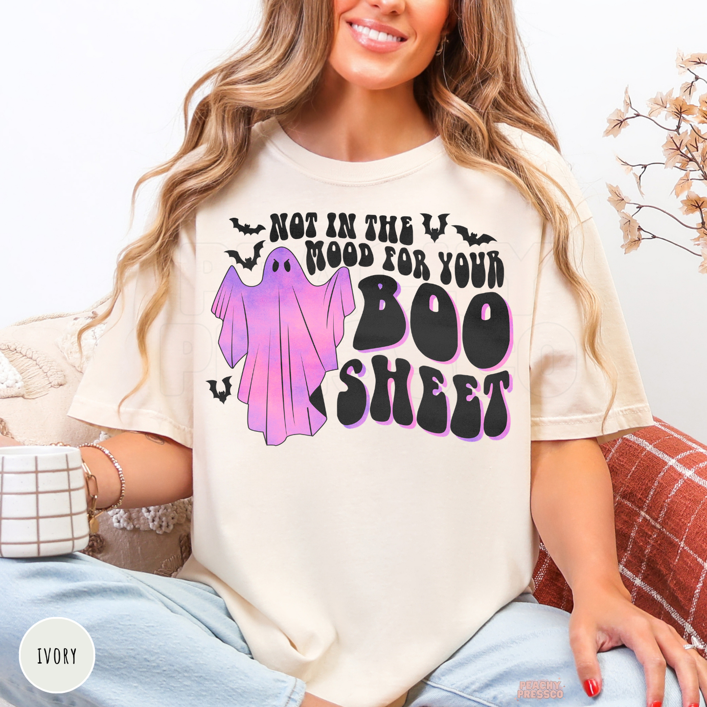 Ivory Halloween shirt with Not in the Mood for Your Boo Sheet pink ghost and bat graphic