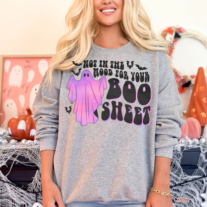 Not in the Mood for Your Boo Sheet funny ghost Halloween sweatshirt in sport grey with pink ghost and bat design
