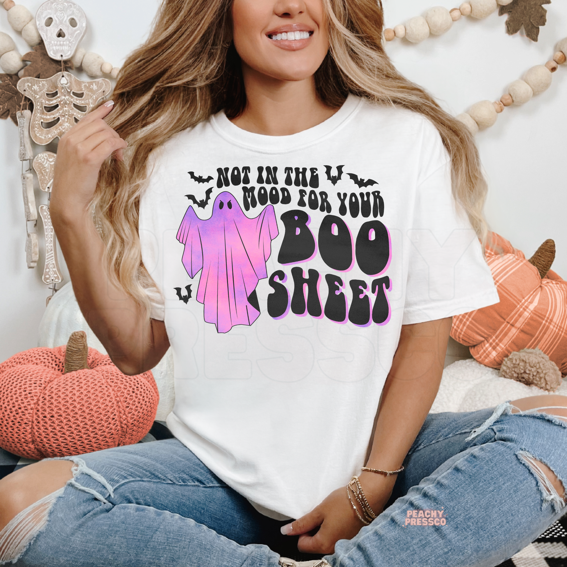 White funny Halloween shirt with pink ghost, bats and Not in the Mood for Your Boo Sheet design
