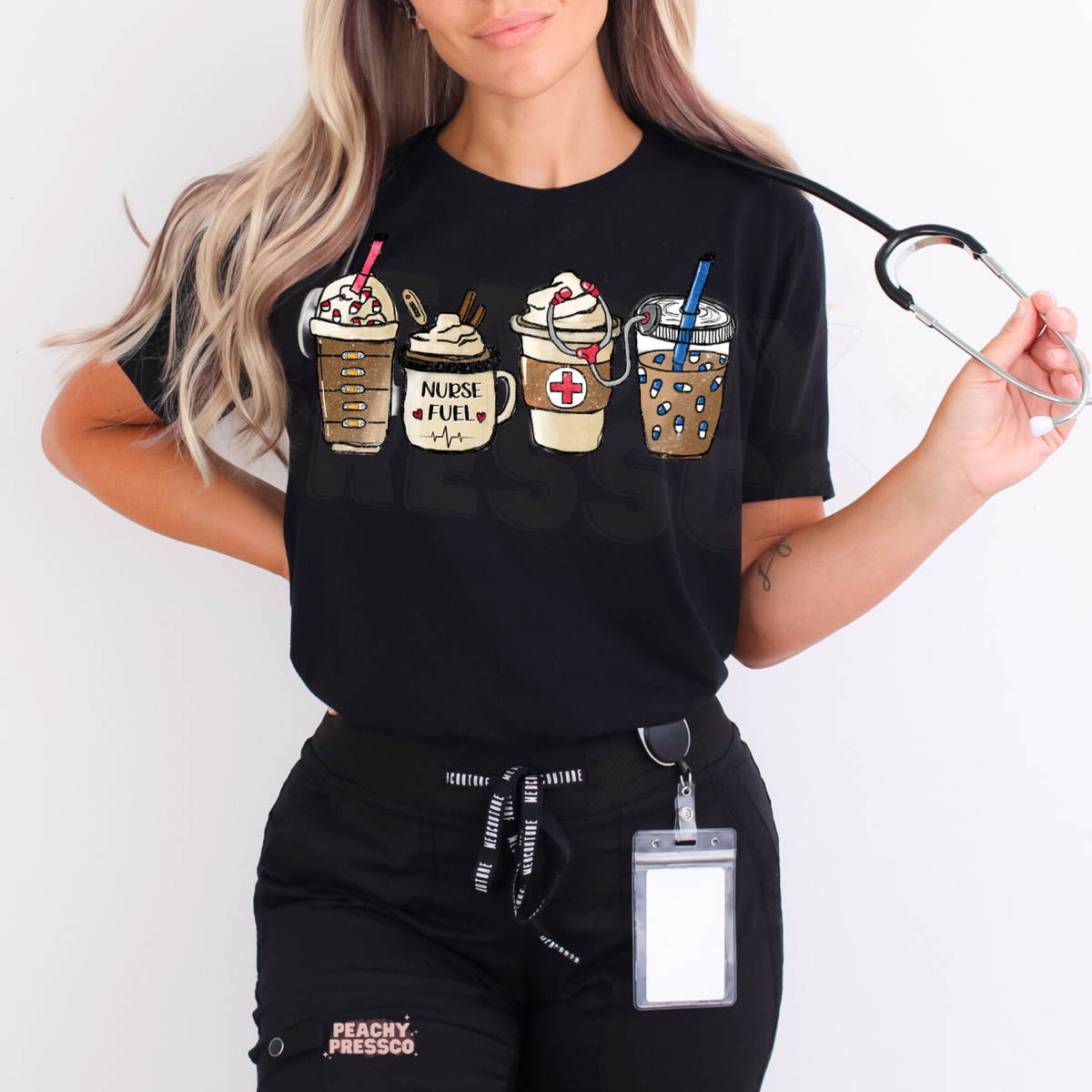 Black nurse coffee lover T-shirt featuring four illustrated coffee drinks with medical details, styled with black scrub pants and a stethoscope.