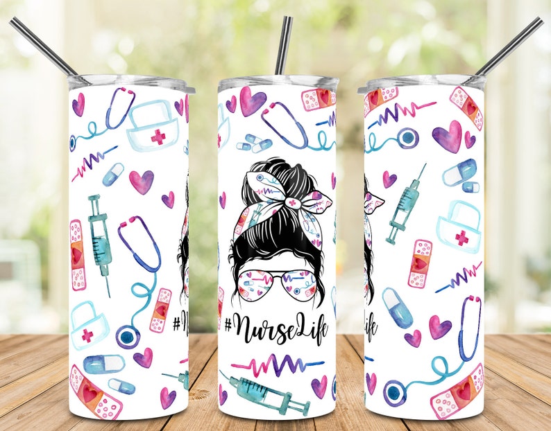 20oz skinny tumbler with watercolor nurse life design featuring stethoscopes, syringes, hearts, bandages, and nurse bun illustration.