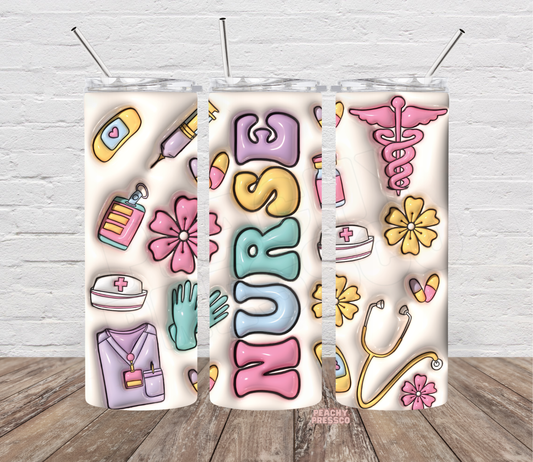 Nurse 20 oz skinny tumbler featuring pastel medical icons, stethoscope, nurse hat, flowers and reusable straw.