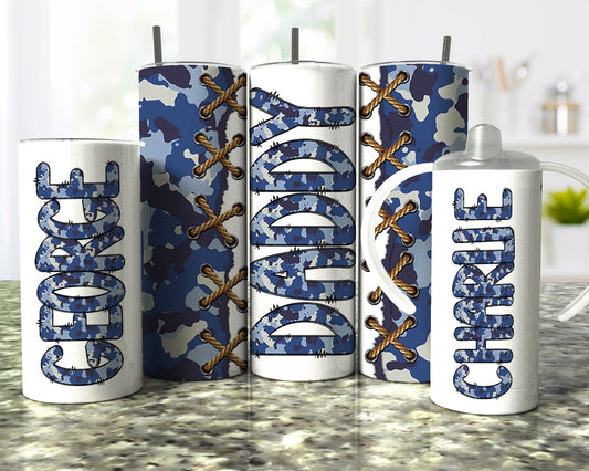 Matching personalized blue camouflage tumblers for dad and child featuring custom names and lace accents, perfect for Father's Day and family gifts.