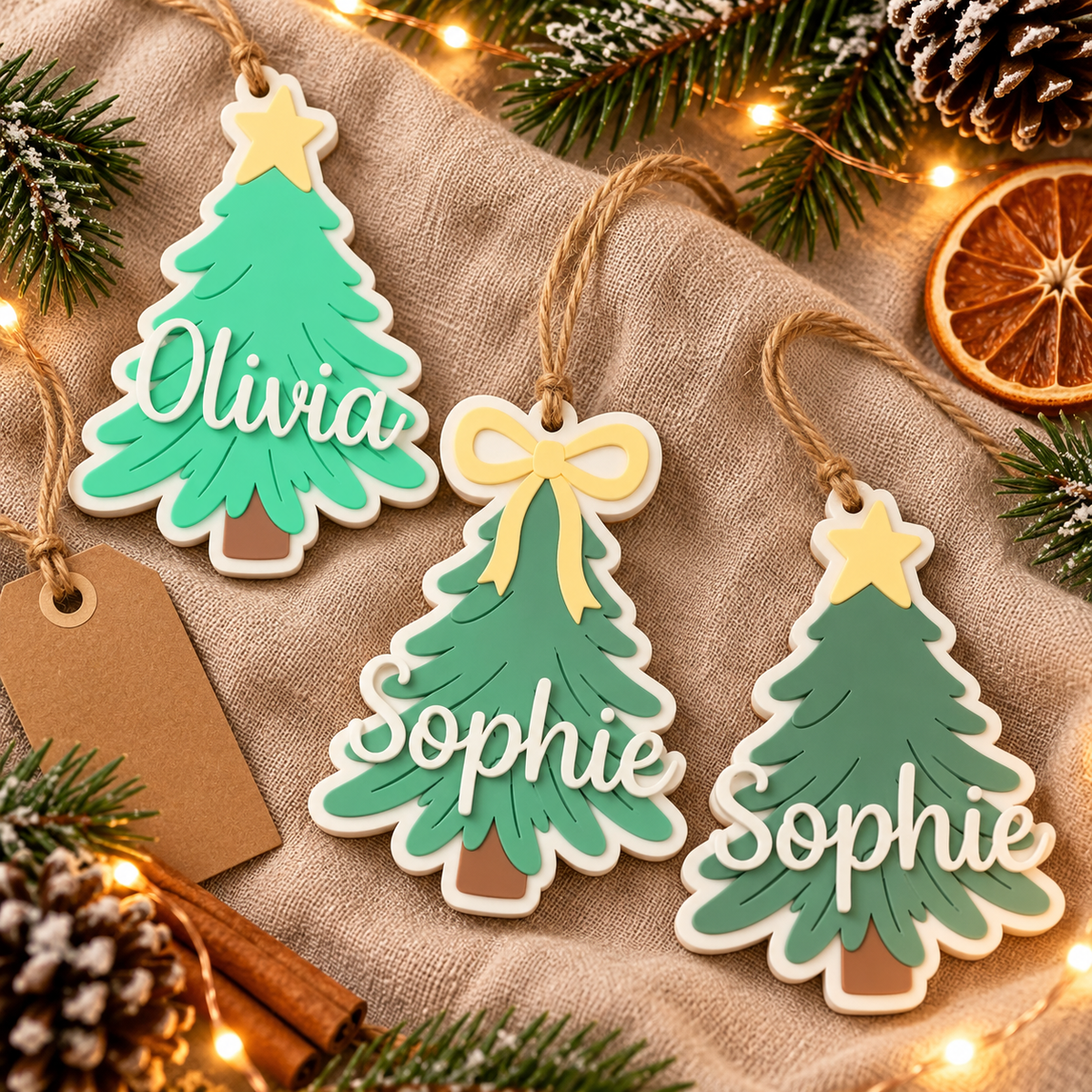 Green personalized Christmas tree ornaments with custom names displayed on a rustic holiday table setting.