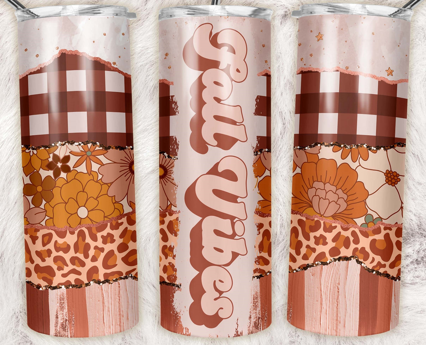 20 oz skinny tumbler featuring the name "Fall Vibes" with brown buffalo plaid, leopard print, retro floral patterns, rose gold glitter accents, and wood grain. Stainless steel insulated autumn travel mug for coffee lovers.