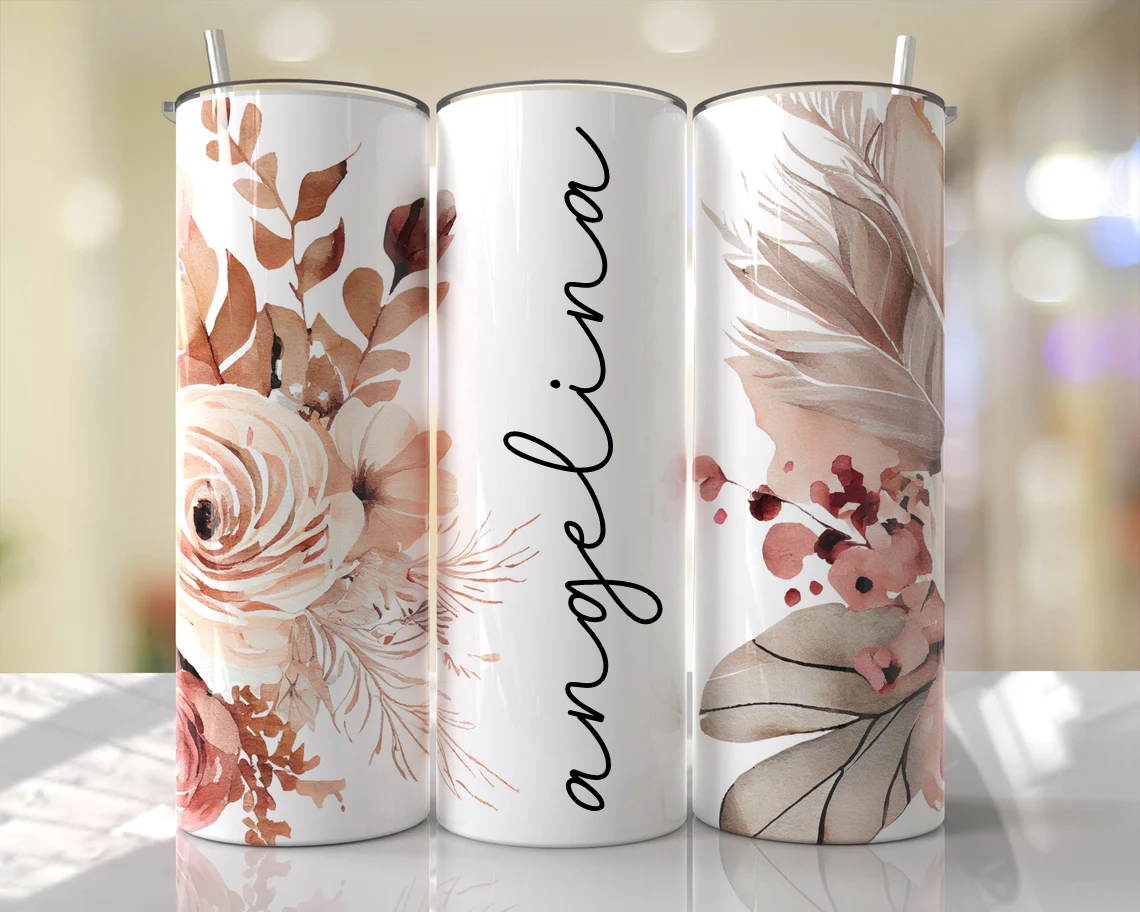Personalized 20 oz skinny tumbler with warm autumn watercolor florals, neutral foliage, and custom vertical name. Stylish personalized drink tumbler with lid and straw.