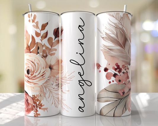 Personalized 20 oz skinny tumbler with warm autumn watercolor florals, neutral foliage, and custom vertical name. Stylish personalized drink tumbler with lid and straw.