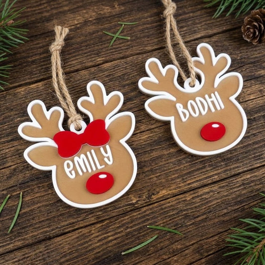 Two custom personalized reindeer Christmas ornaments with red noses hanging on a wooden background, featuring the names Emily and Bodhi