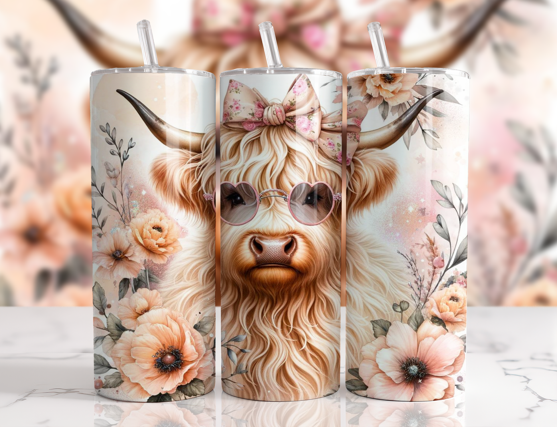 Cute Highland cow 20oz skinny tumbler featuring a fluffy cow wearing pink heart sunglasses and a floral bow, surrounded by blush flowers on a soft pastel background with a clear lid and reusable straw.