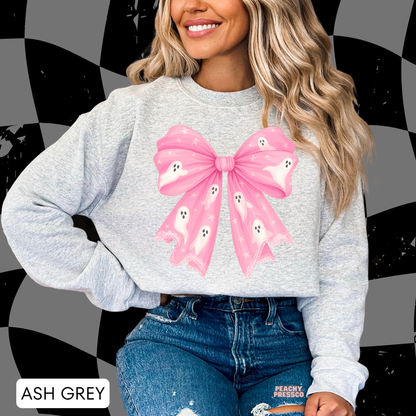 Ash grey Halloween sweatshirt featuring a large pink bow with cute white ghosts, stars and girly spooky details