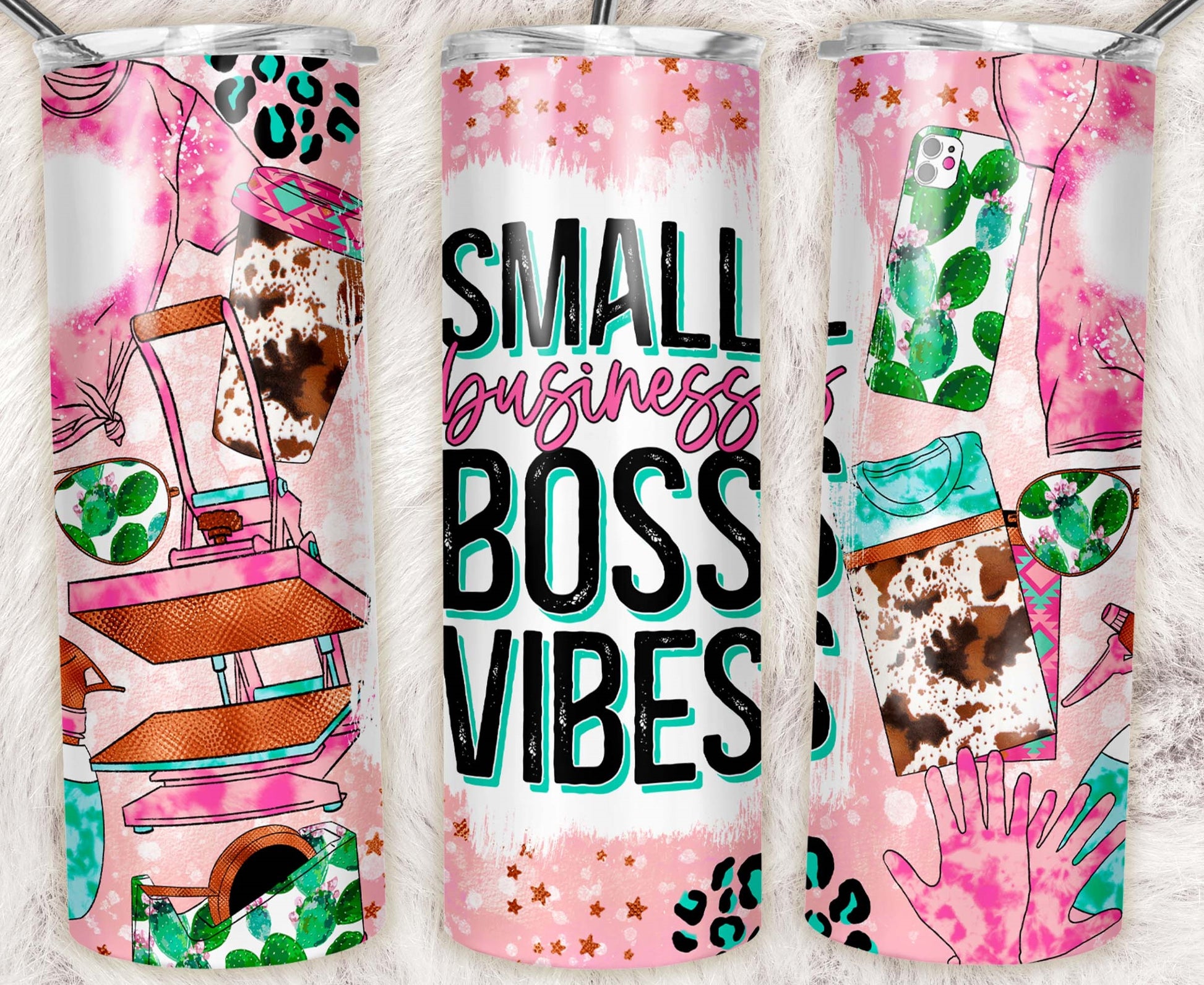 Pink Small Business Boss Vibes 20 oz skinny tumbler featuring a heat press, iced coffee, cow print, cactus phone case, sunglasses, and small business accessories for makers and entrepreneurs.