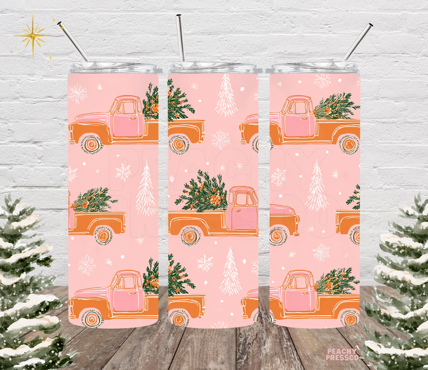 Light pink 20oz tumbler with repeating pattern of vintage orange pickup trucks carrying Christmas trees and soft white snowflakes.