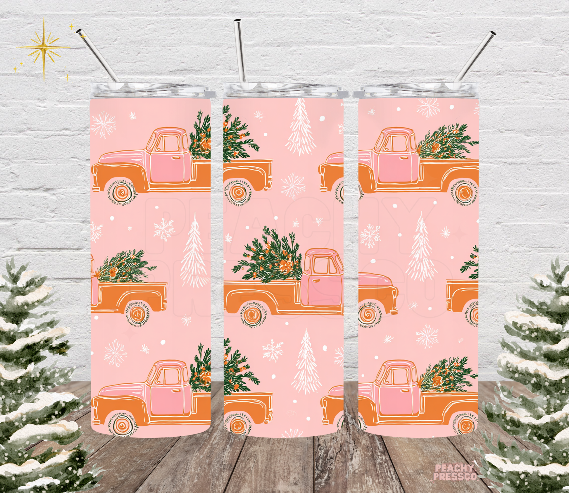 Light pink 20oz tumbler with repeating pattern of vintage orange pickup trucks carrying Christmas trees and soft white snowflakes.