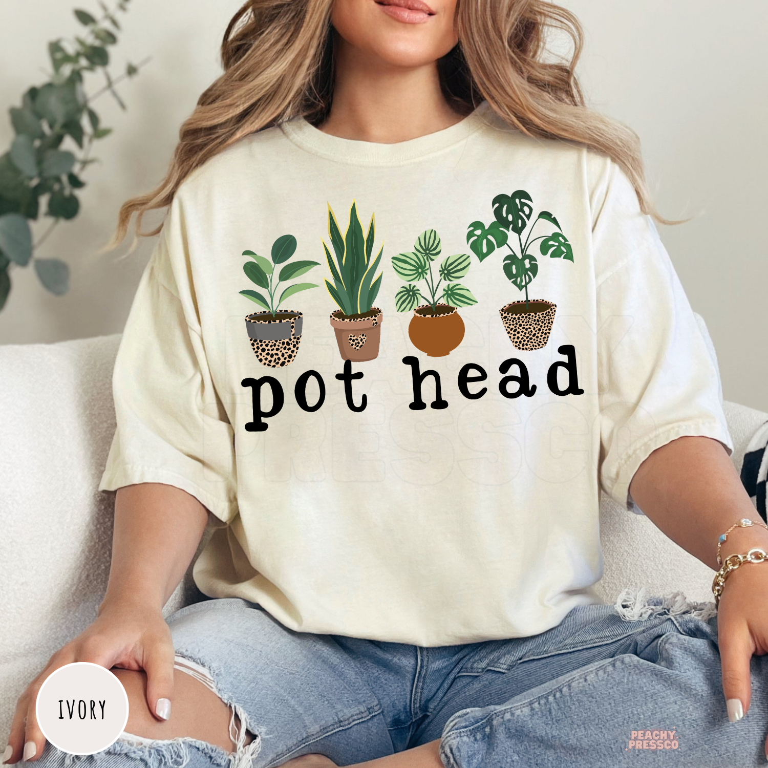 Ivory unisex t-shirt with a humorous "Pot Head" graphic featuring four illustrated houseplants in decorative planters. Funny plant lover shirt for gardeners, plant moms, and indoor plant collectors.