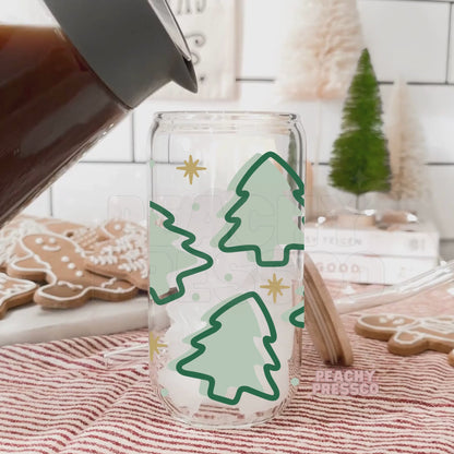 Minimalist Christmas Tree Glass Cup – 16oz Holiday Tumbler with Lid & Straw