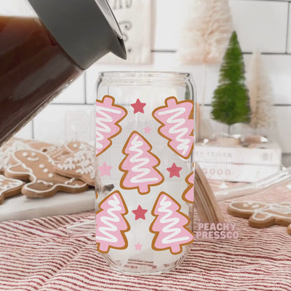 Pink Retro Christmas Tree Glass Cup – 16oz Holiday Cup with Lid & Straw