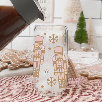 Pastel Nutcracker Glass Cup – 16oz Holiday Cup with Bamboo Lid & Straw