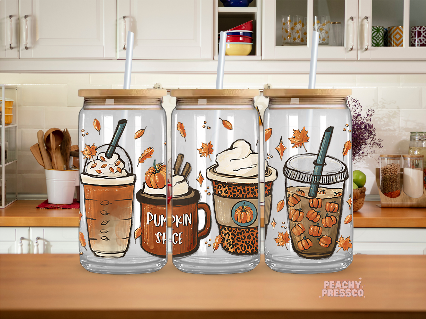 16oz glass cup featuring pumpkin spice coffee drinks, whipped cream, autumn leaves, and cozy fall beverages.