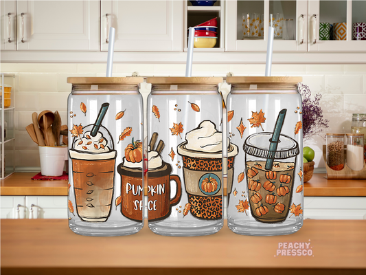 16oz glass cup featuring pumpkin spice coffee drinks, whipped cream, autumn leaves, and cozy fall beverages.