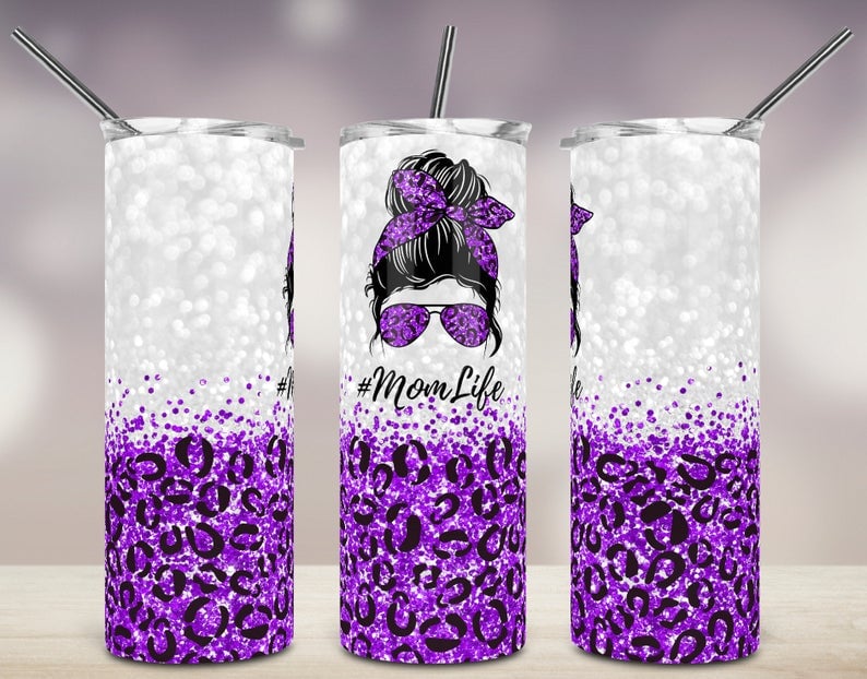 20oz skinny tumbler featuring a purple glitter leopard print, Mom Life design, messy bun graphic, sunglasses, and matching purple bandana.