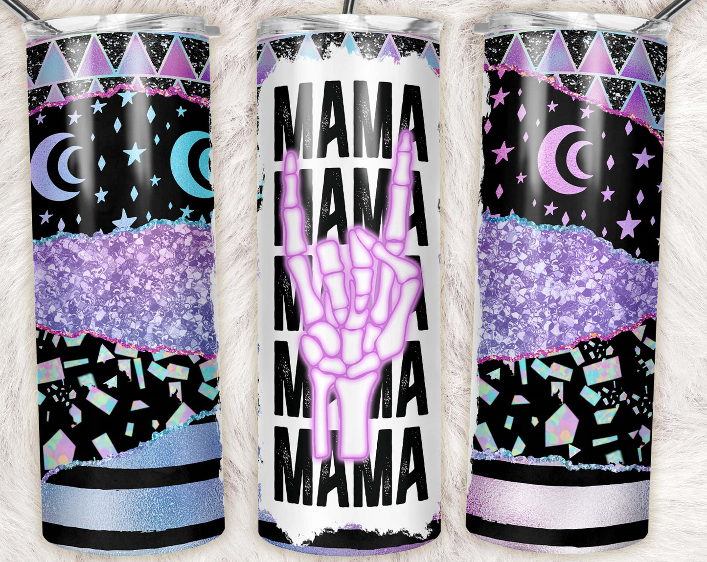 20oz skinny tumbler with purple skeleton rock hand, Mama text, glitter, moons and celestial Halloween accents.