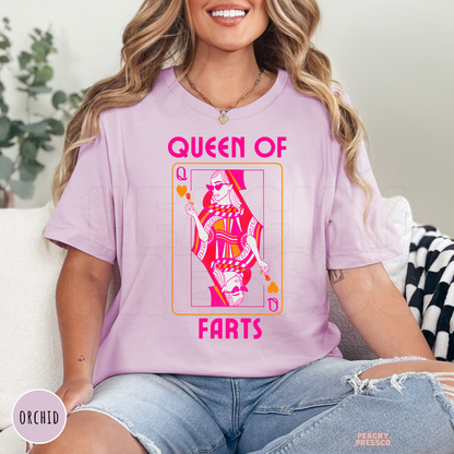 Orchid Comfort Colors t-shirt with a bright Queen of Farts playing card graphic, a playful novelty tee perfect for funny gift occasions.