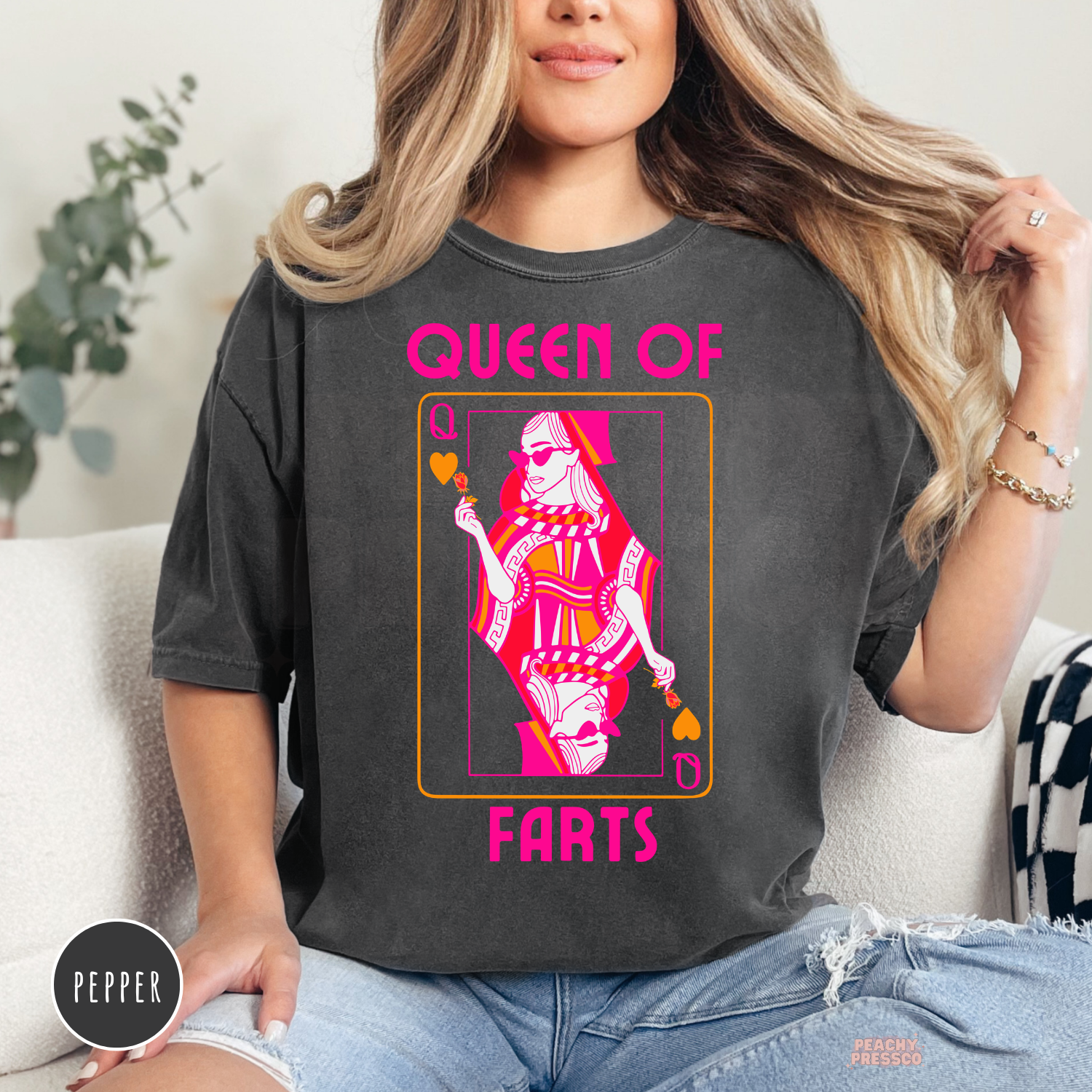 Pepper Comfort Colors t-shirt featuring a vibrant Queen of Farts playing card graphic, a funny unisex graphic tee for couples and gag gift lovers.