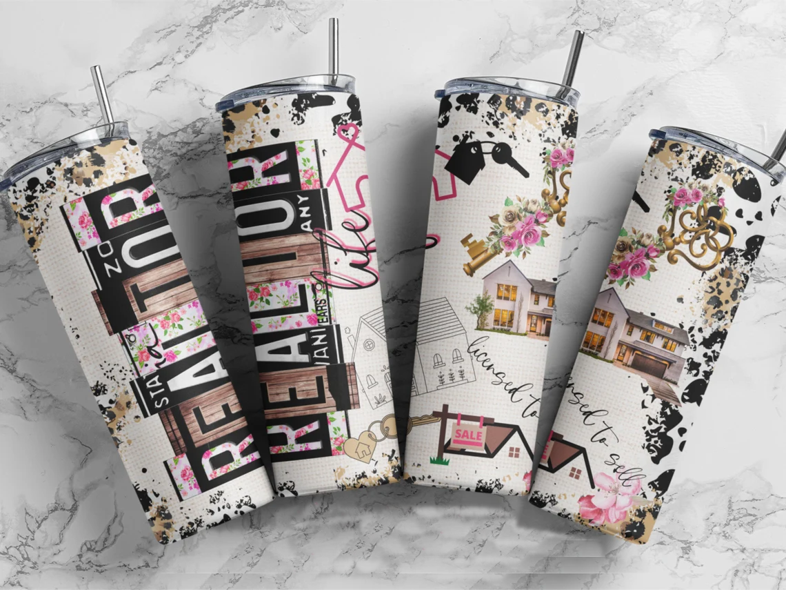 20oz stainless steel tumbler featuring a  realtor license plate design with houses, sold signs, keys, floral accents, and real estate-themed graphics for agents.