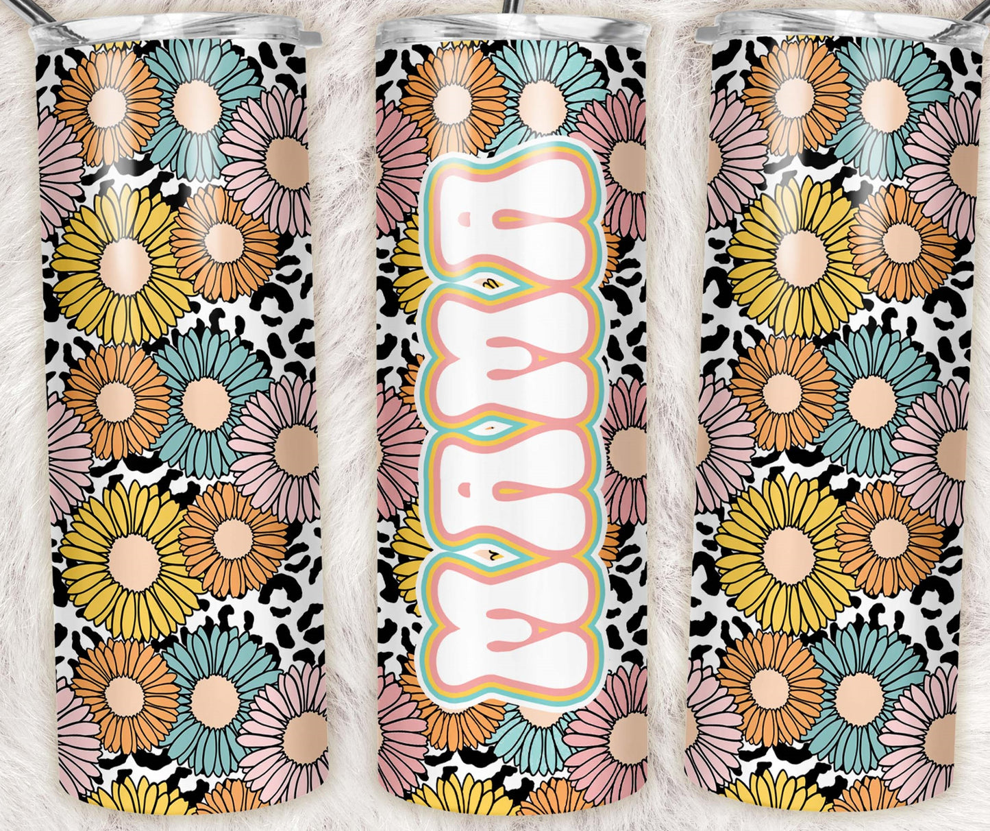 Retro floral Mama 20oz skinny tumbler featuring colorful daisies, leopard print background, and groovy pastel lettering.