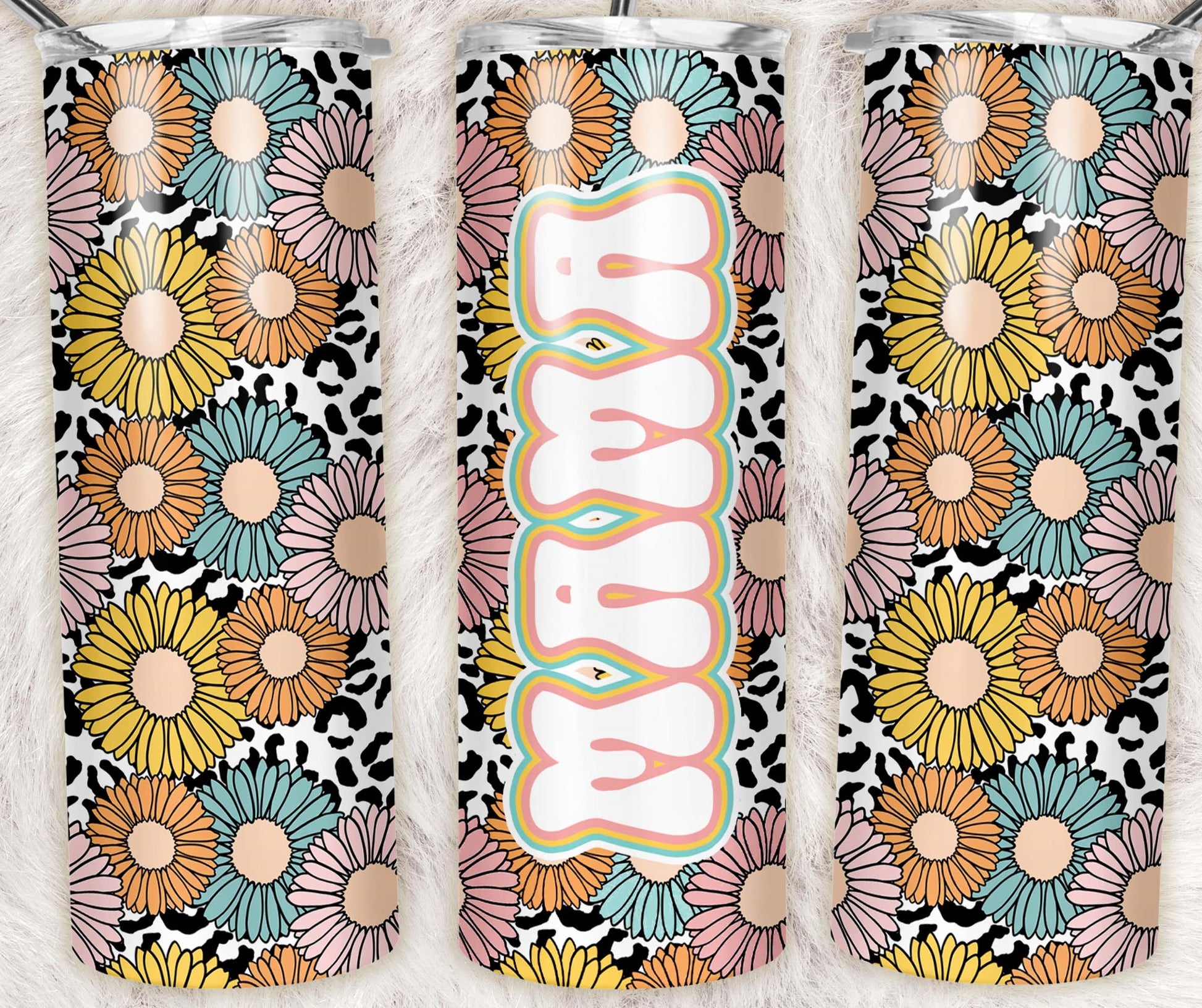 Retro floral Mama 20oz skinny tumbler featuring colorful daisies, leopard print background, and groovy pastel lettering.