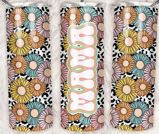 Retro floral Mama 20oz skinny tumbler featuring colorful daisies, leopard print background, and groovy pastel lettering.