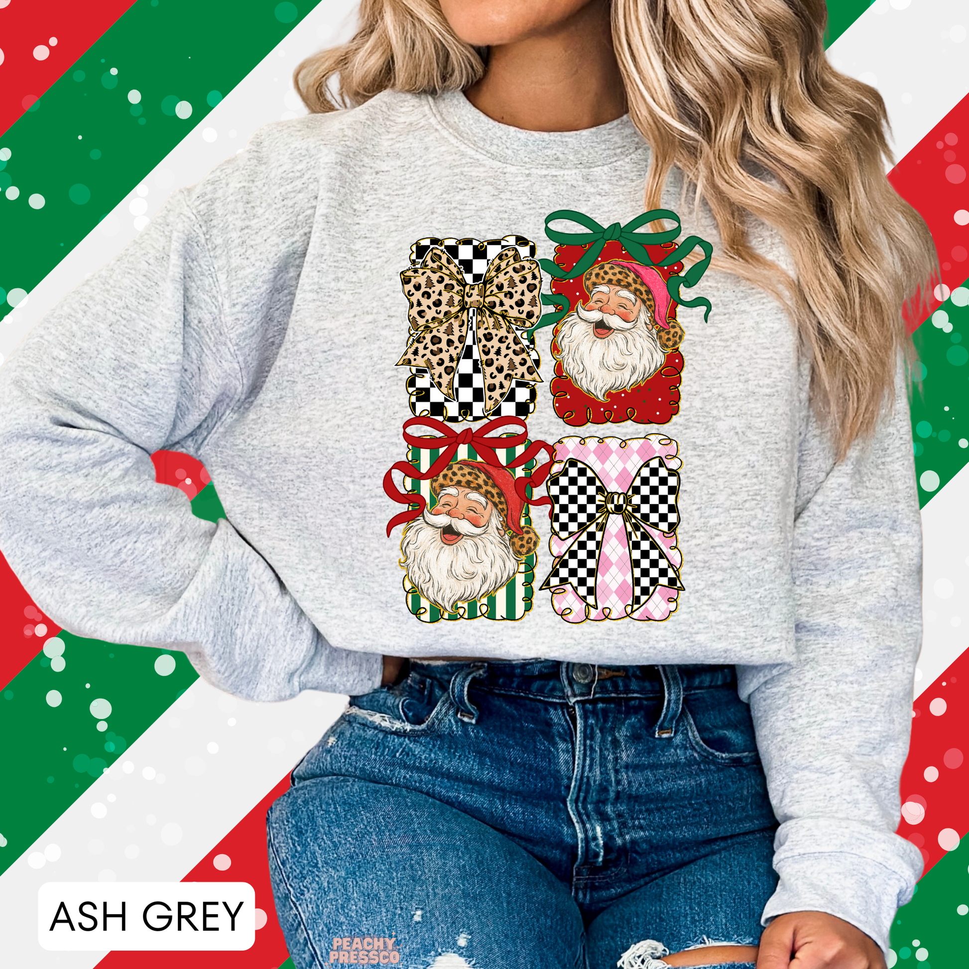 A woman wearing an ash grey crewneck sweatshirt with a festive graphic print of four Christmas gift boxes featuring Santa, leopard print, and checkered patterns, set against a holiday-themed diagonal striped background.