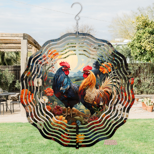 Colorful metal wind spinner featuring a pair of roosters surrounded by vibrant wildflowers in a scenic countryside landscape, perfect for farmhouse and country garden décor.