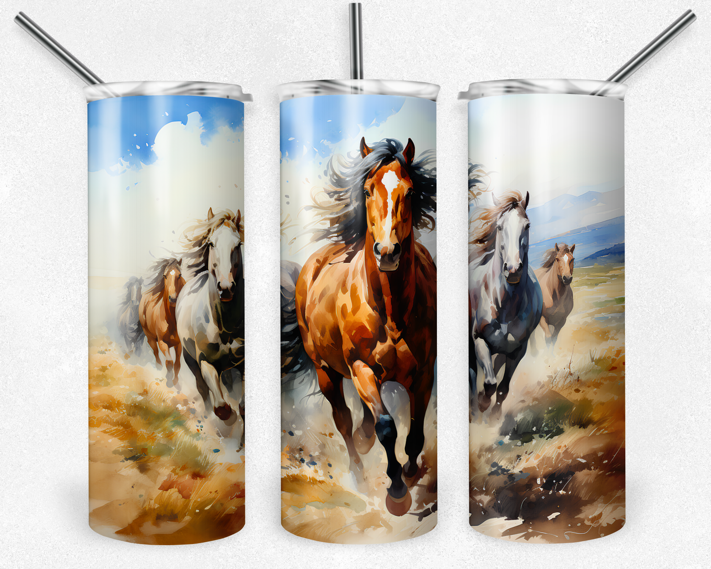 Western tumbler featuring running horses in watercolor style across an open prairie landscape.