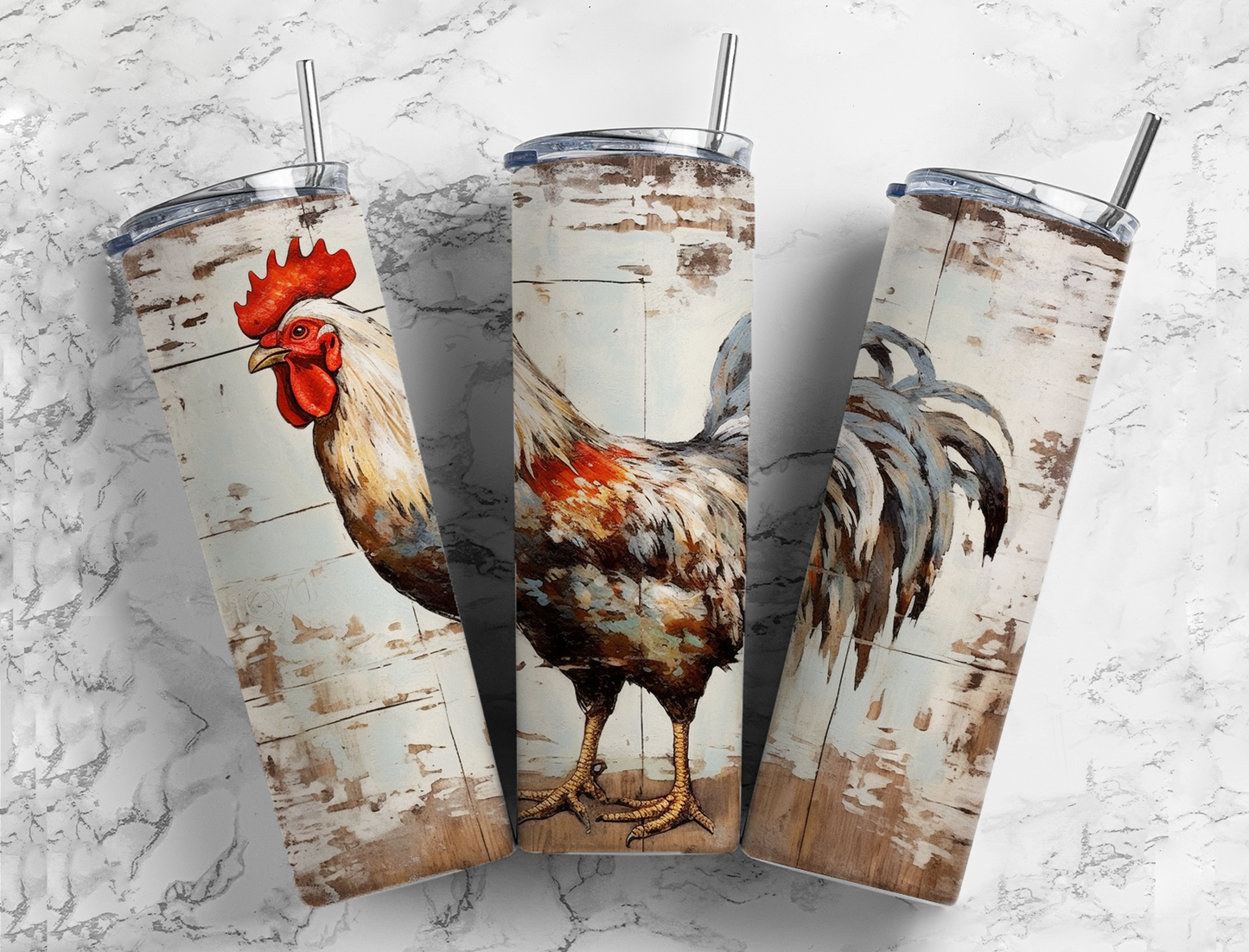 Rustic farmhouse rooster tumbler featuring vintage wood background and watercolor rooster illustration.