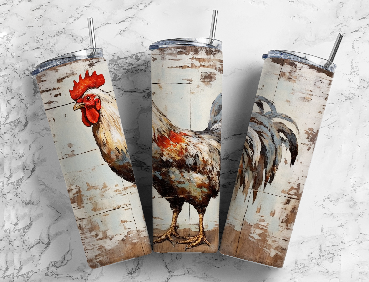 Rustic farmhouse rooster tumbler featuring vintage wood background and watercolor rooster illustration.