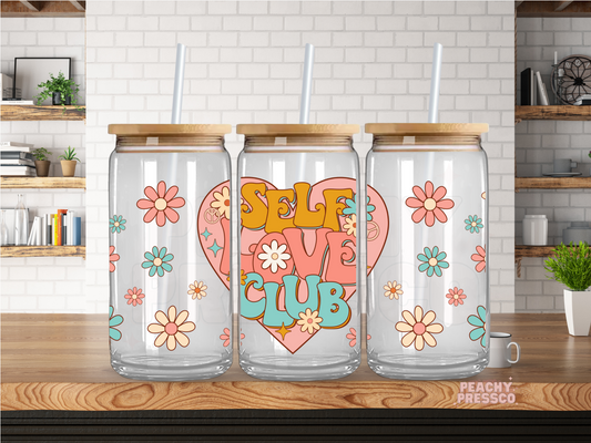 Self Love Club 16oz glass cup with bamboo lid and glass straw featuring retro flowers and pastel self-love design.