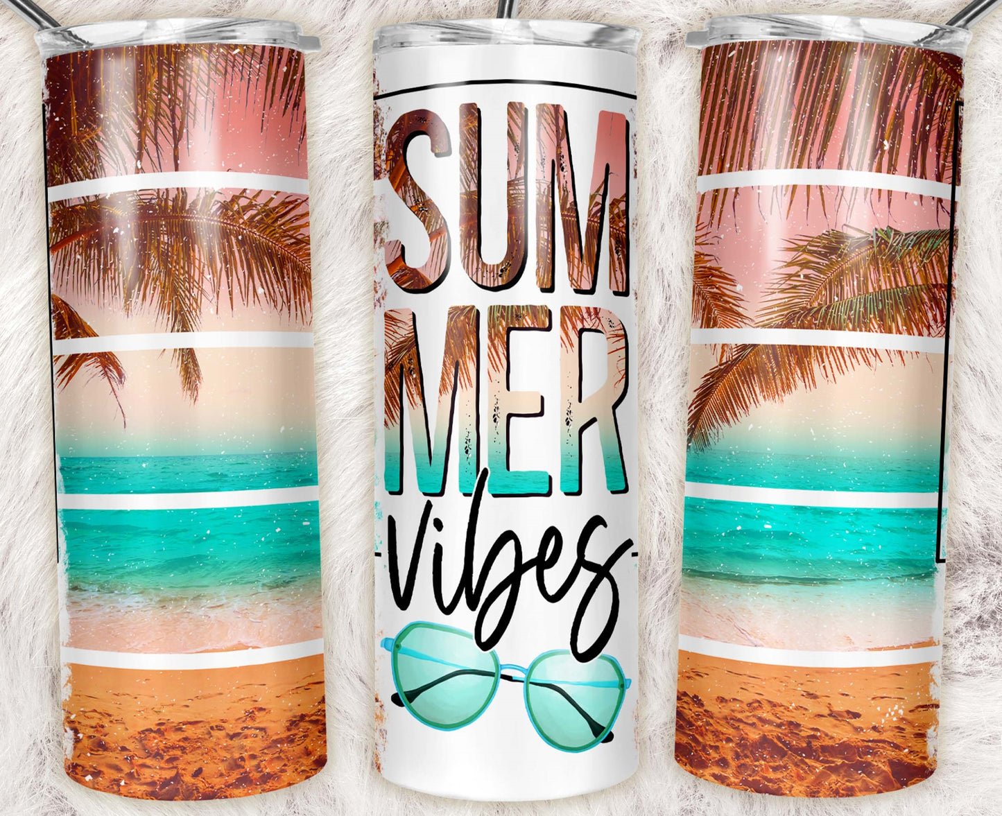 20oz stainless steel tumbler featuring a tropical beach with palm trees, turquoise ocean, sunglasses, and "Summer Vibes" lettering. Great for vacations, pool days, and summer adventures.
