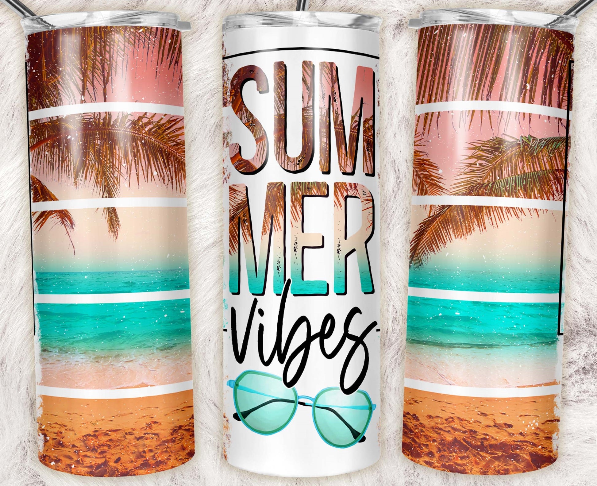 20oz stainless steel tumbler featuring a tropical beach with palm trees, turquoise ocean, sunglasses, and "Summer Vibes" lettering. Great for vacations, pool days, and summer adventures.