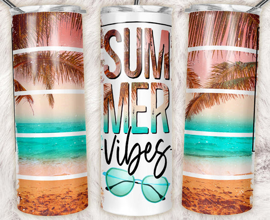 20oz stainless steel tumbler featuring a tropical beach with palm trees, turquoise ocean, sunglasses, and "Summer Vibes" lettering. Great for vacations, pool days, and summer adventures.