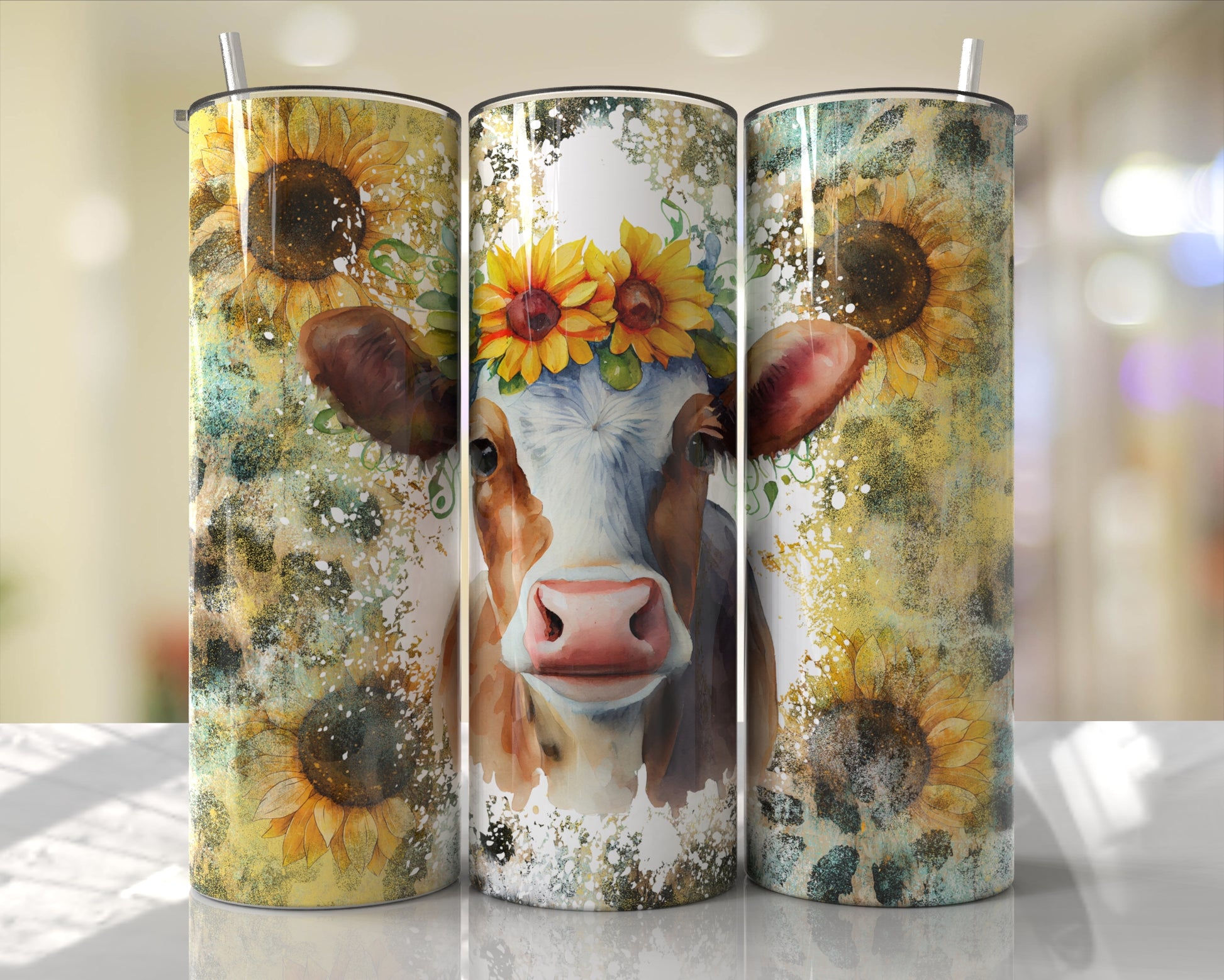 Watercolor cow with sunflower crown surrounded by rustic sunflower artwork on a full wrap 20oz skinny tumbler.