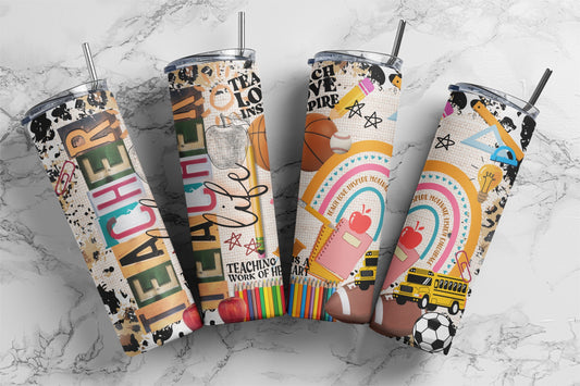 20oz skinny tumbler featuring books, pencils, apples, school buses, sports, and "Teacher Life" collage design.