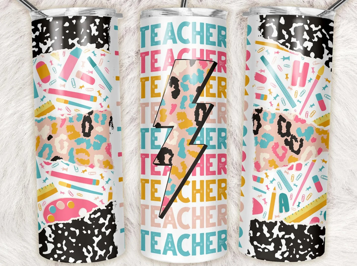 20oz skinny tumbler featuring colorful teacher typography, leopard print lightning bolt, pencils, and school supplies.