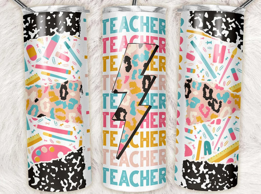 20oz skinny tumbler featuring colorful teacher typography, leopard print lightning bolt, pencils, and school supplies.