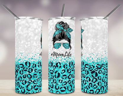 20oz skinny tumbler featuring teal glitter leopard print with a Mom Life graphic, messy bun hairstyle, teal sunglasses, and matching bandana.
