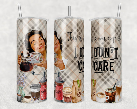 Retro coffee-themed skinny tumbler with vintage woman artwork and the funny saying "This Is My Cup of I Don't Care."