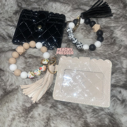 Cow Print & Floral Silicone Bead Wristlet Keychain with Quilted Card Holder – Stylish & Functional