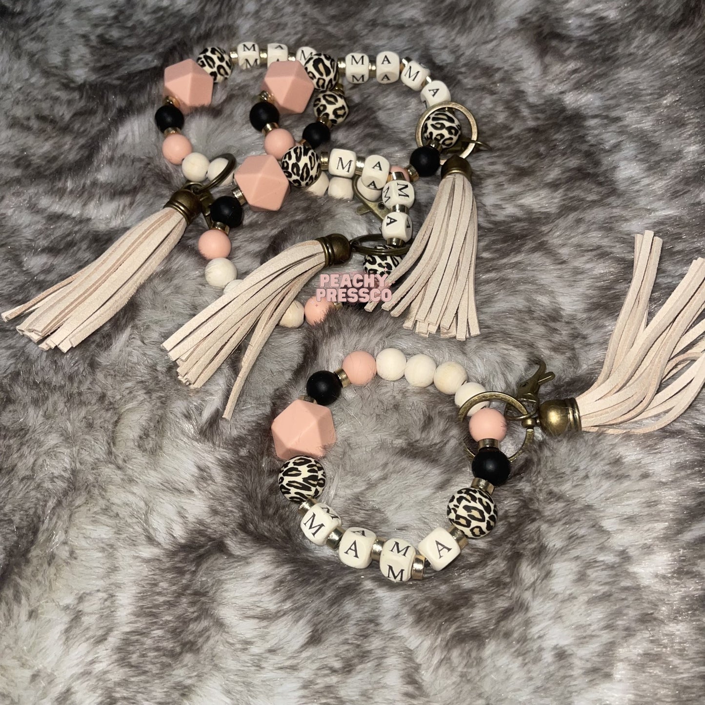 MAMA Beaded Wristlet Keychain – Leopard Print, Blush Pink & Tassel Charm