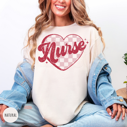 Natural shirt featuring a distressed pink Nurse script over a pink checkered heart for a cute Valentine's Day design.