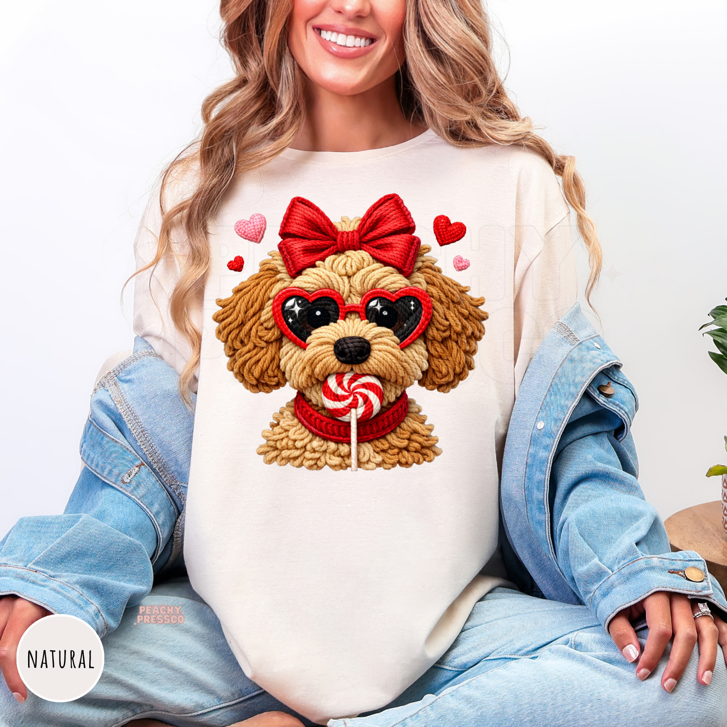 Natural sweatshirt featuring a cute puppy wearing heart-shaped sunglasses, a red bow, and holding a peppermint lollipop for Valentine's Day.